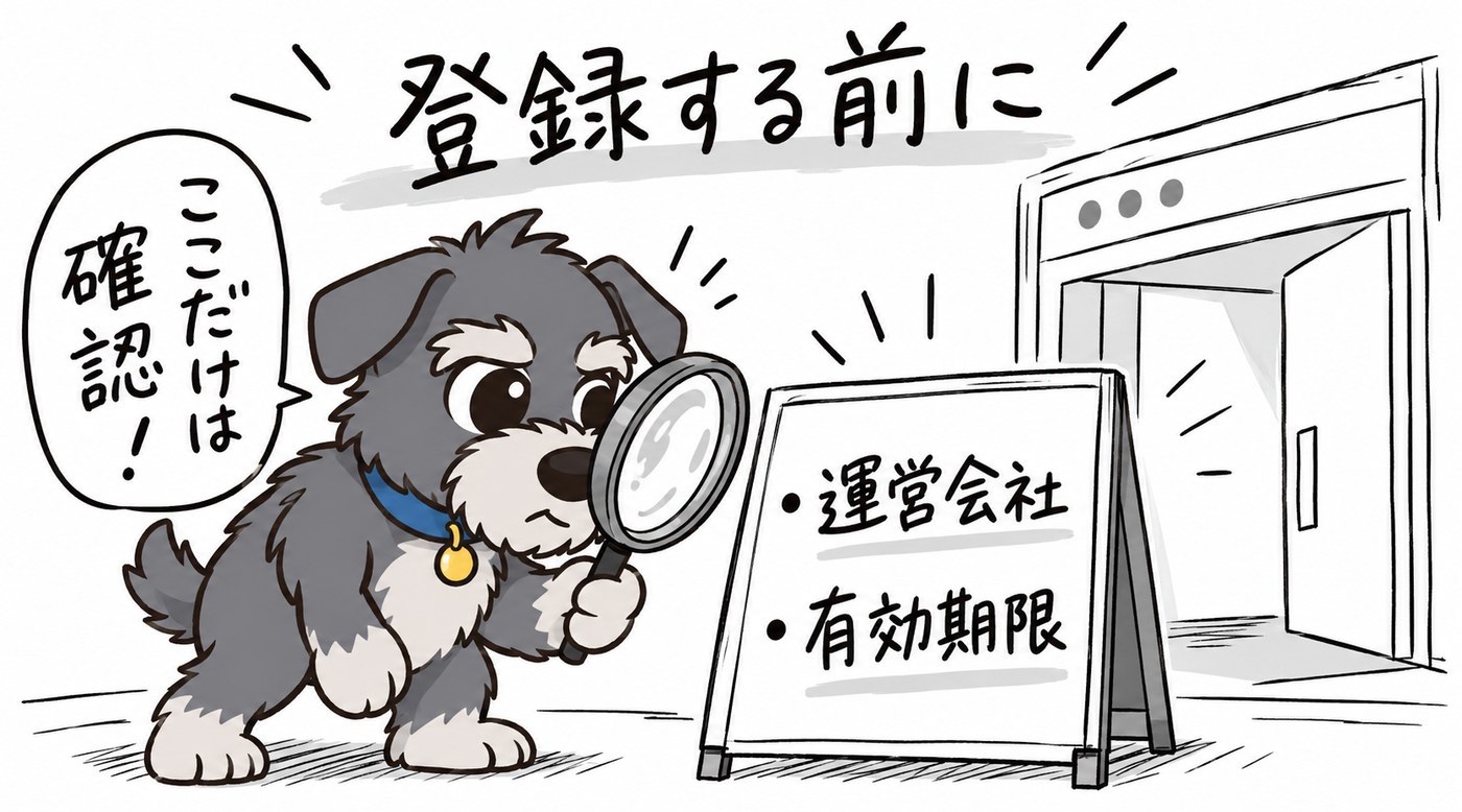 さっくの1コマ漫画: 登録する前に、運営会社と有効期限をここだけは確認