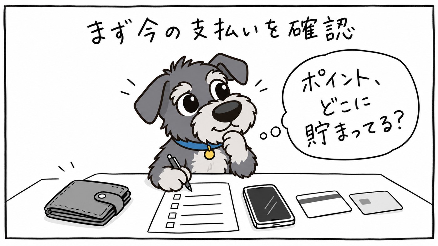 さっくの1コマ漫画: まず今の支払いを確認。ポイントはどこに貯まっている?
