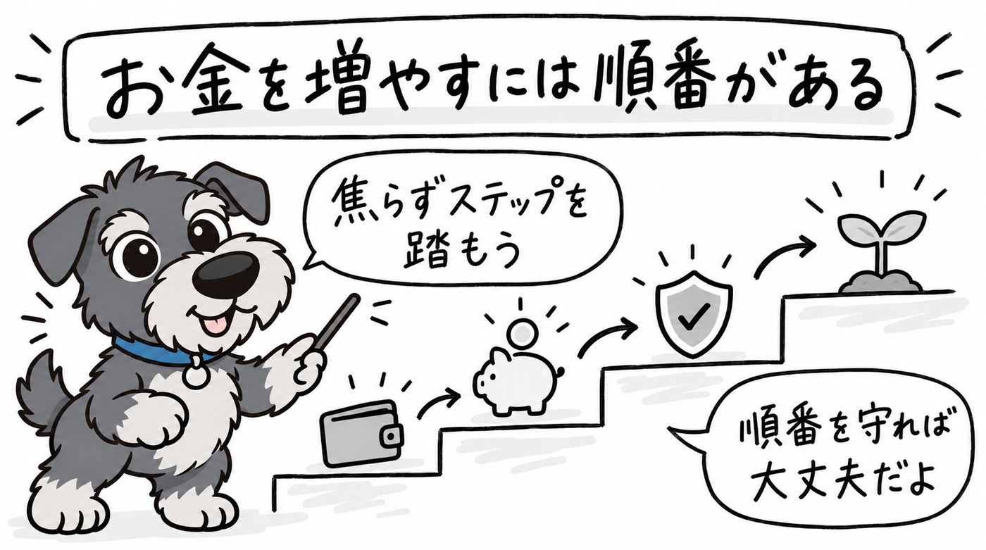 お金を増やすには順番があります。焦らず、ステップを踏んで進めましょう。