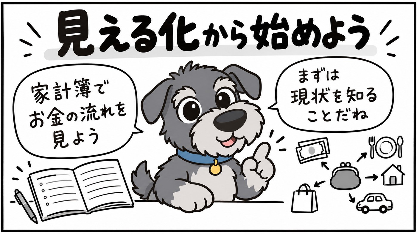 家計簿でお金の流れを見える化し、まずは現状を知ることから始めましょう。