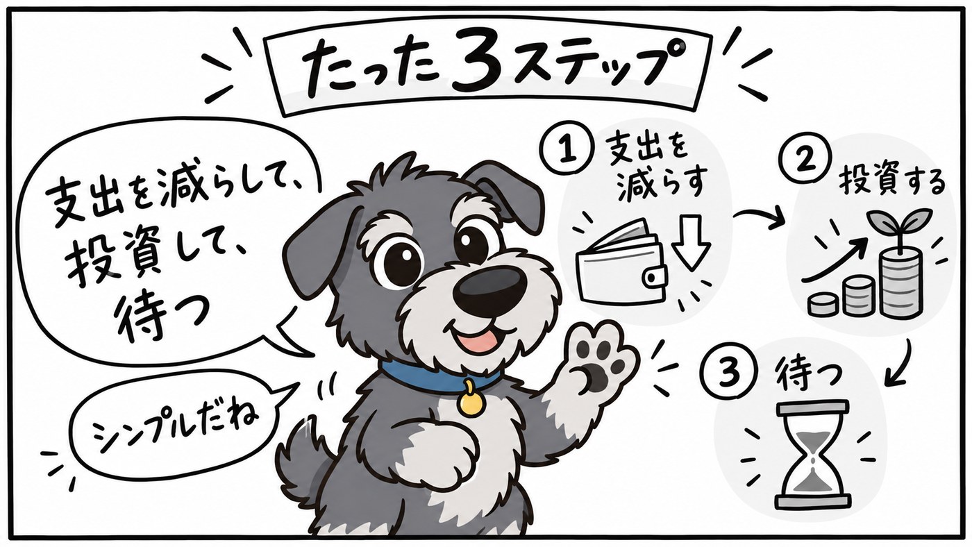 ジェイソン流の投資は、支出を減らす、残りを投資する、待つの3ステップ。シンプルに続けられます。