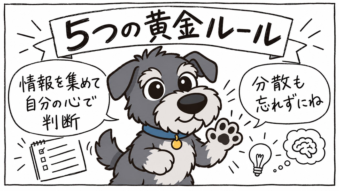 投資の5つの黄金ルールを意識して、自分の心で判断することが大切です。