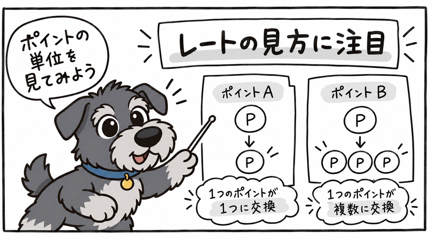 ポイントのレートの示し方に注目して、還元の考え方を比べるさっく。
