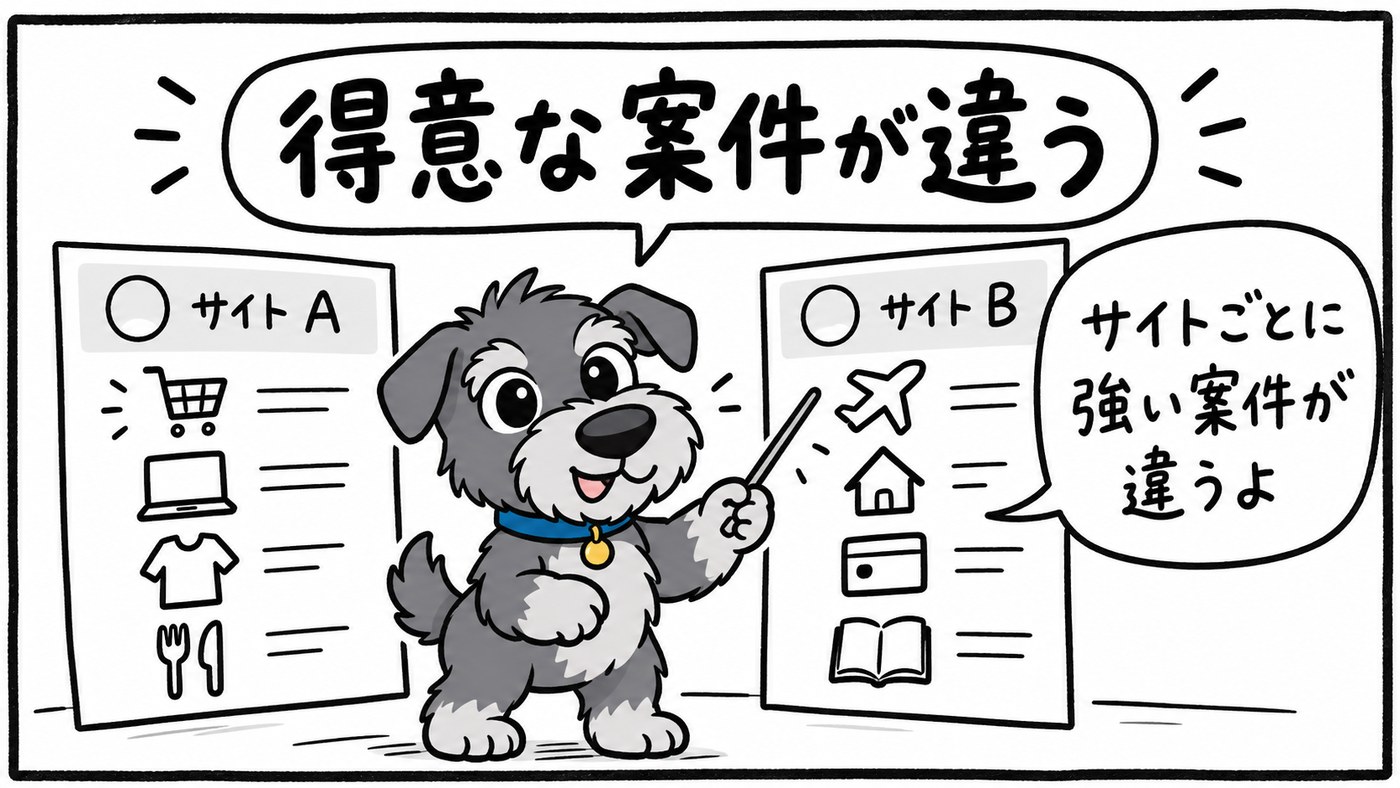 ハピタスとモッピーで、得意な案件のジャンルが違うことを紹介するさっく。