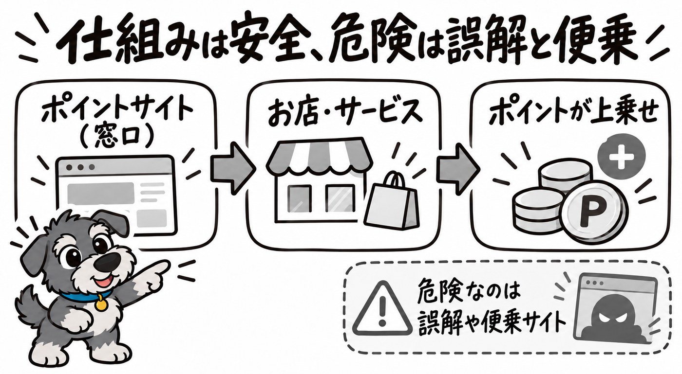 〈図解〉買い物や申し込みをポイントサイトという窓口経由で行うと、通常のポイントに加えてサイト独自のポイントが上乗せされます。仕組み自体は安全で、危険は「誰でも簡単に稼げる」という誤解や、便乗する悪質なサイトにあります。