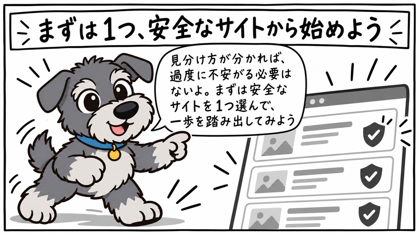 見分け方を押さえたうえで、まずは安全なサイトを1つ選んで始めてみようと、さっくが背中を押す場面。