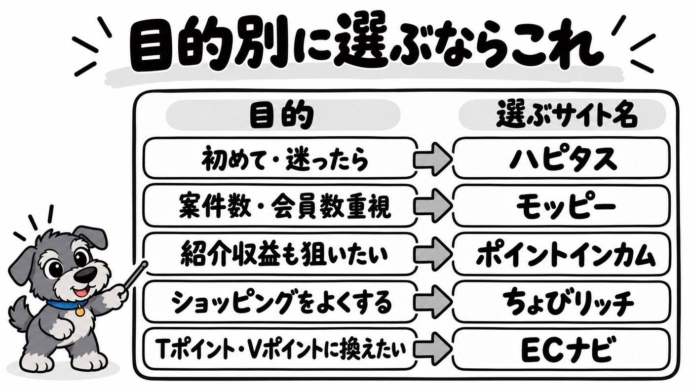〈図解〉目的別の選び方です。初めてで迷ったらハピタス、案件数・会員数重視ならモッピー、紹介収益も狙うならポイントインカム、ショッピングをよくするならちょびリッチ、Tポイント・Vポイントに換えたいならECナビです。