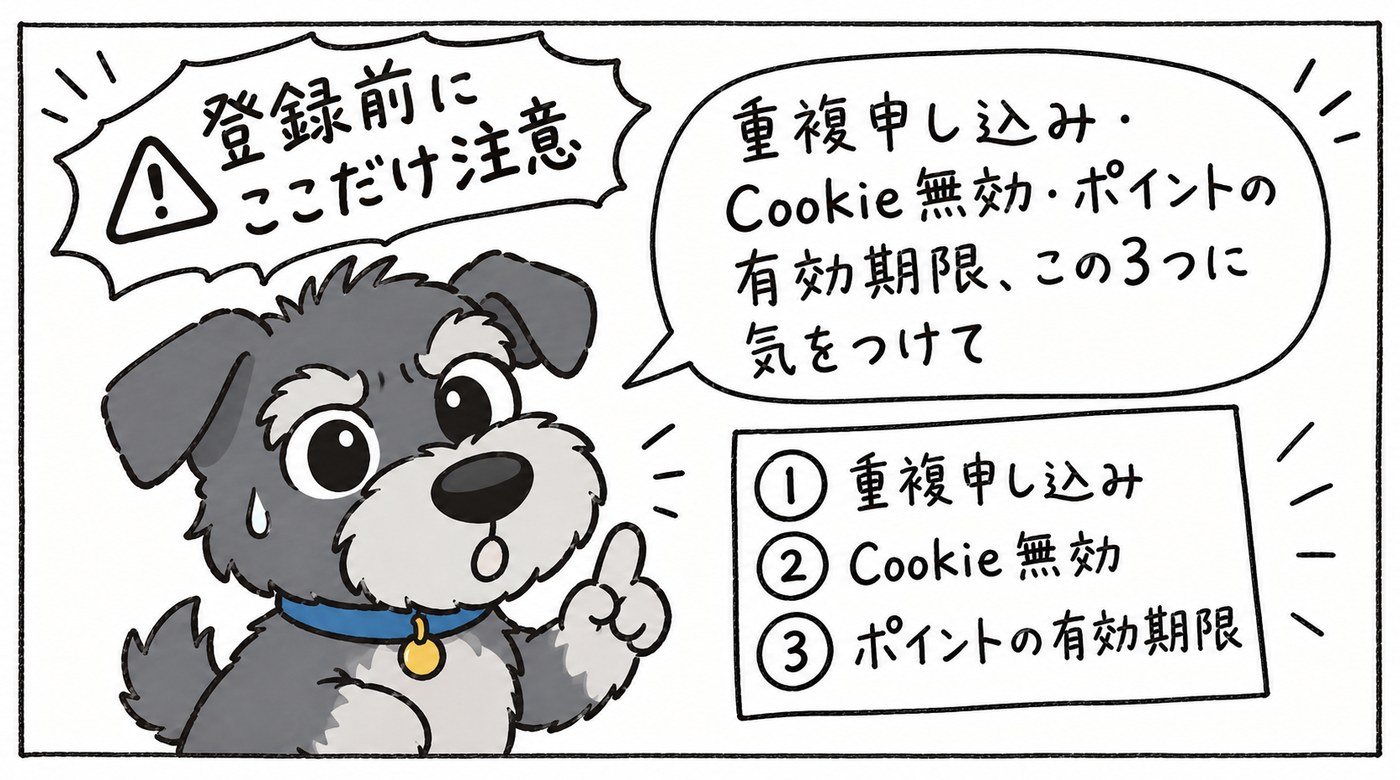 重複申し込みは対象外になることがある、Cookieを無効にしていると経由が記録されないことがある、ポイントには有効期限があるサイトも多い。この3つに気をつけます。