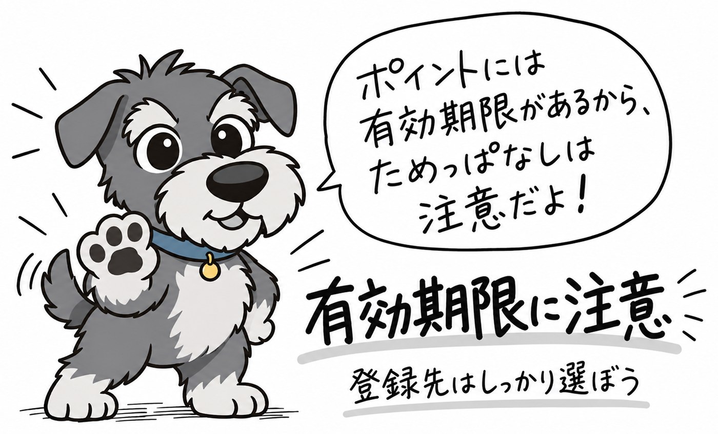貯めたポイントには有効期限があることを、さっくが注意を促す1コマ。